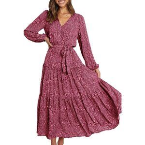 PrettyGarden Women Floral Red Polyester V Neck Long Sleeve Floral Maxi Dress